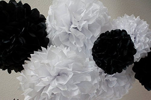 (12pcs) Black White Mixed Size Tissue Paper Pom Poms Lanterns Decorations