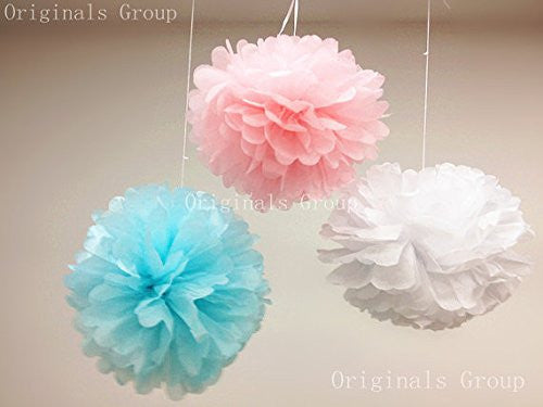 (15pcs) Baby Pink Blue Mixed Size Tissue Paper Pom Poms Lanterns Decorations