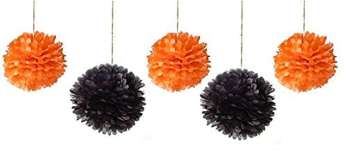 (16pcs) Halloween Mixed Size Orange and Black Tissue Paper Pom Poms Lanterns Decorations
