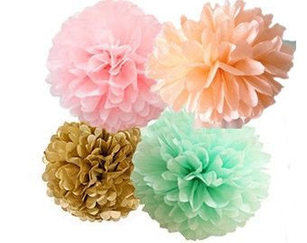 (16pcs) Multi Color Mixed Size Tissue Paper Pom Poms Lanterns Decorations (Gold Mint Peach Pink)