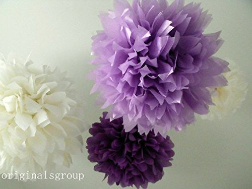 (12pcs) Purple Lavender White Mixed Size Tissue Paper Pom Poms Lanterns Decorations